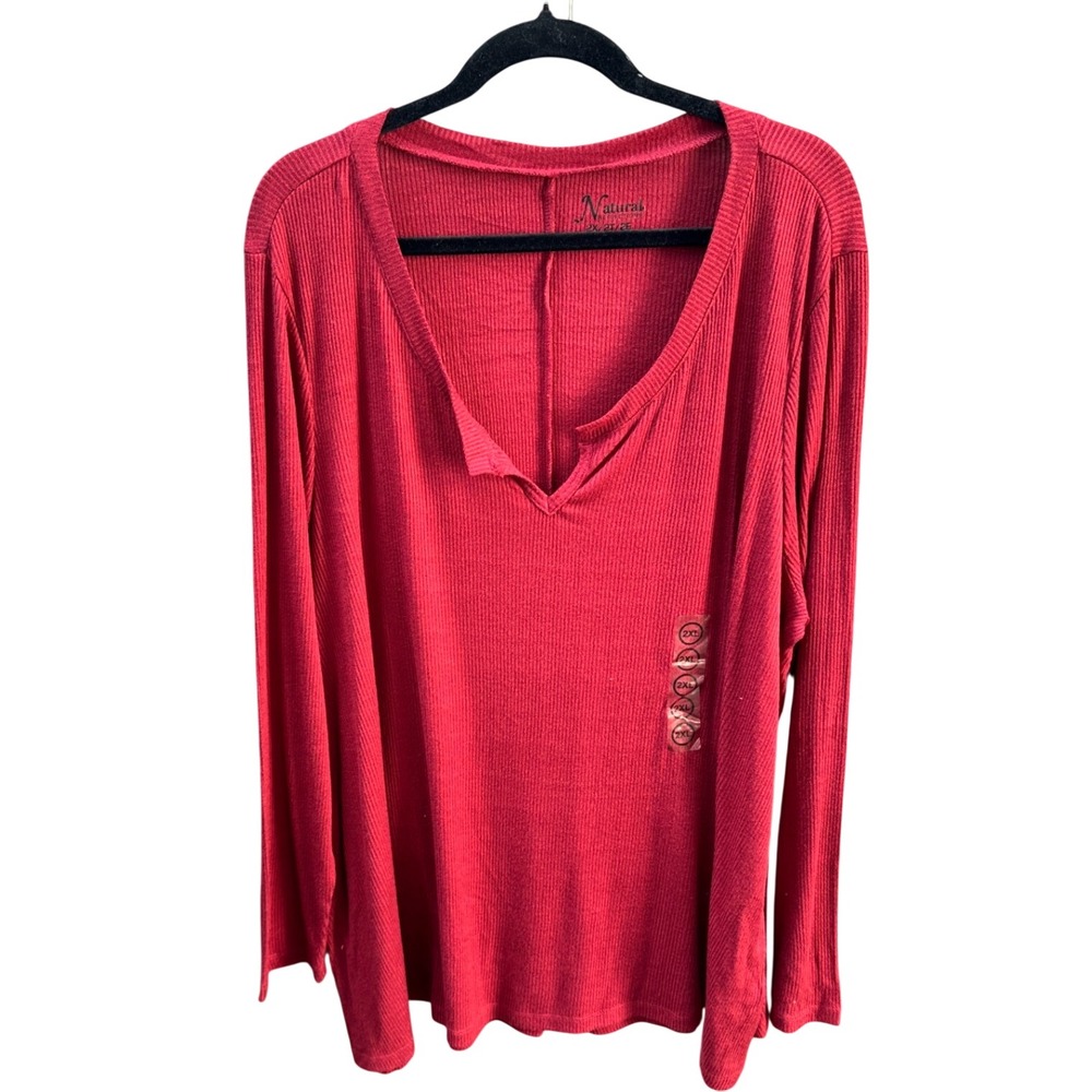 Natural Reflections Women 2XL Red Ribbed Long Sleeve V-Neck Top New